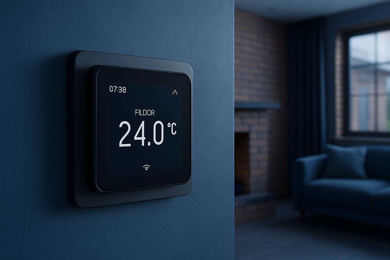 терморегулятор Caleo C927 Wi-Fi в интерьере, экран терморегулятора Caleo, управление тёплым полом со смартфона, Caleo в кирпичном доме, Wi-Fi терморегулятор под плитку