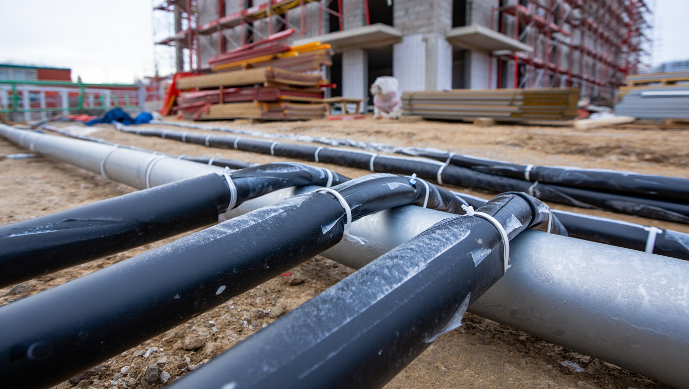 xLayder Pipe Caleo на трубах временного водопровода стройки